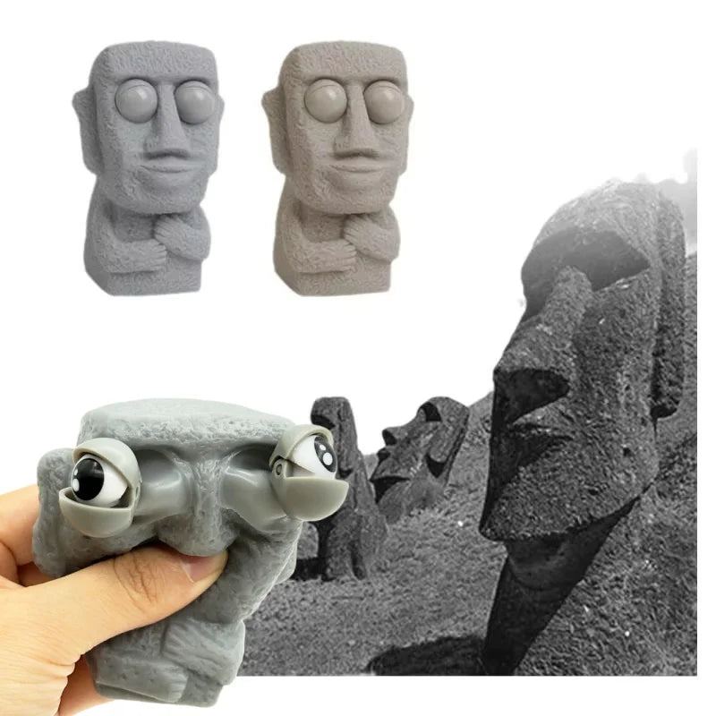 Stone man releases stress toy slowly rebounds soft Moai statue squeeze