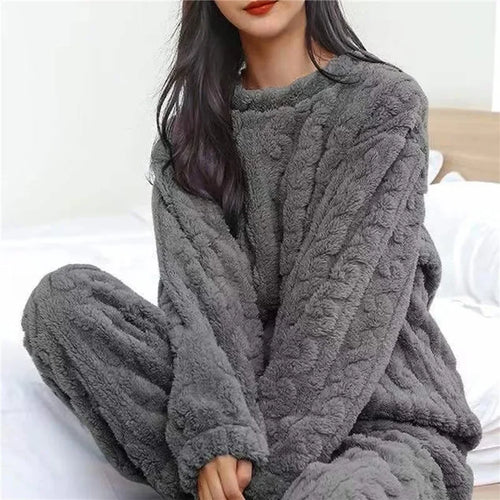 Soft Coral Velvet Jacquard Warm Pajama Set for Women Cozy Loungewear