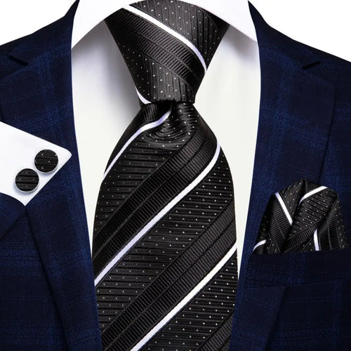 Black Red Striped Silk Wedding Tie For Men Handky Cufflink Gift Men