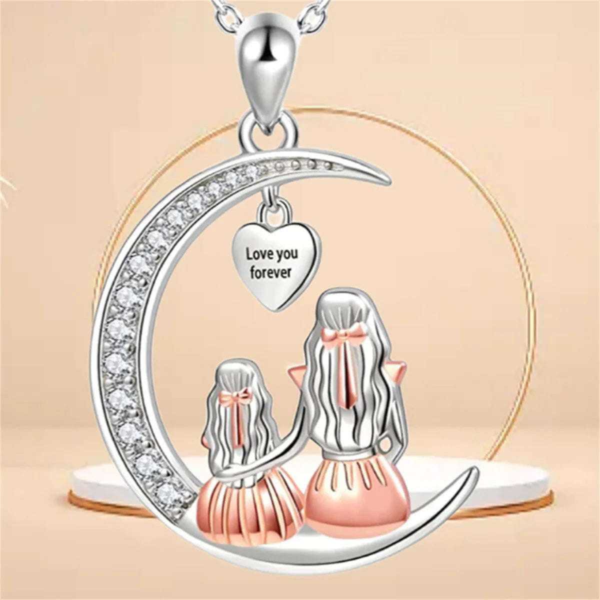 Fashion Mom Daughter Moon Pendant Necklace Love You Forever Heart