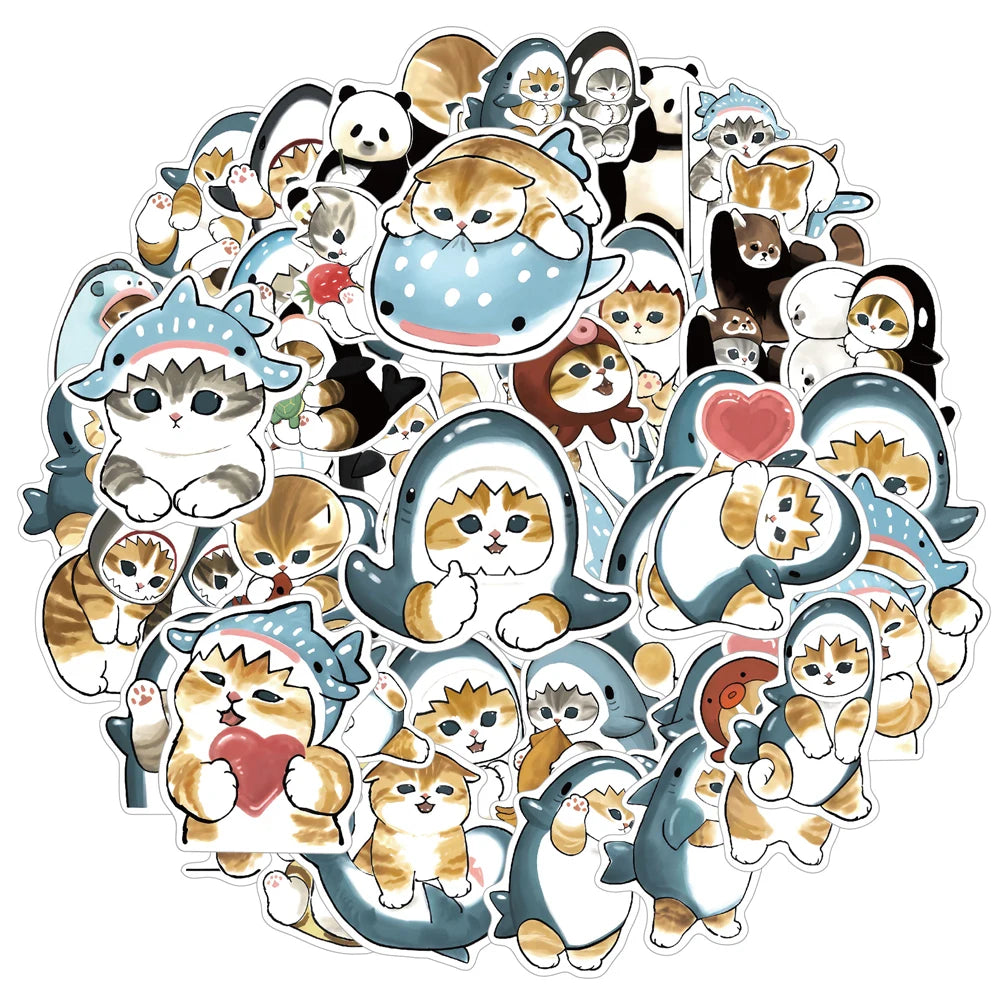 10/30/50PCS Cute Shark Hooded Fun Cat Stickers Decals Decoration