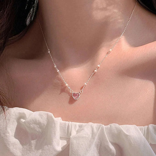Y2K Purple Crystal Heart Pendant Necklace Women Sweet Cool Girl Punk