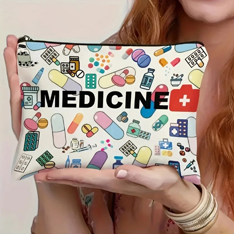 Medicine-Themed Cosmetic Travel Bag - Foldable Zippered Makeup
