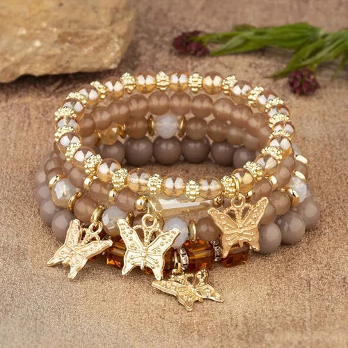 4Pcs Trendy Butterfly Beaded Bracelet Set For Women Pink Acrylic Beads