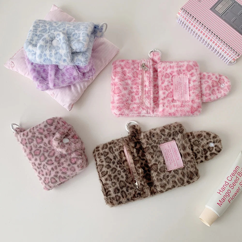 New Fashion Plush Leopard Pattern Snap Card Bag for Girls Mini Storage