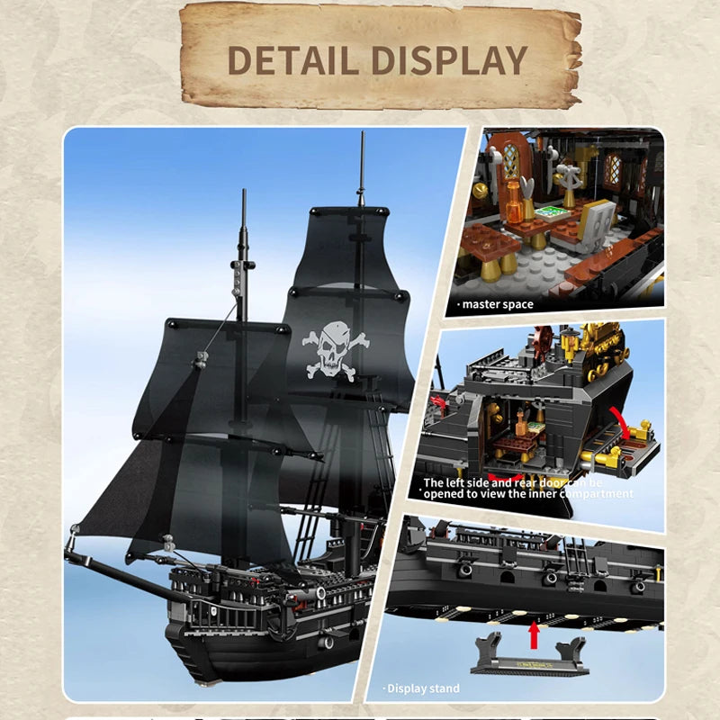 1424PCS Black Pirate Ship Building Blocks Skeleton Ghost Boat Model