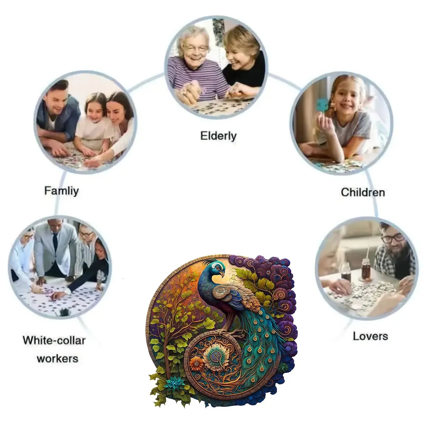 Round Peacock Wooden Jigsaw Puzzle Irregular Animal Shaped Wooden