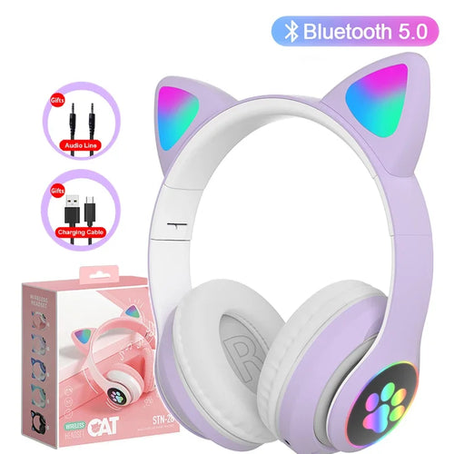 Flash Lamp Cute Cat Ears Headphone Bluetooth5.0 Stereo With Mic