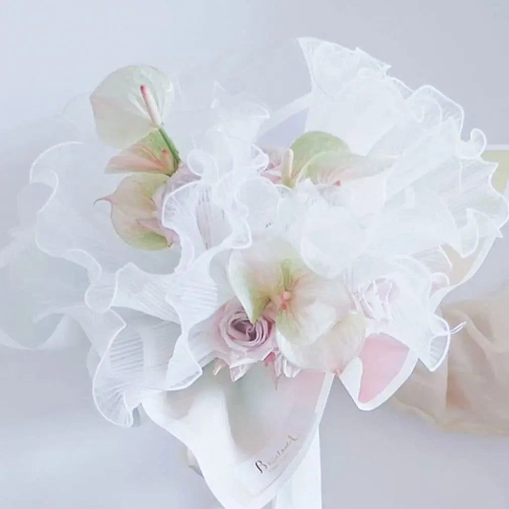 White Floral Packaging for Bouquets  Including Decorative Mesh