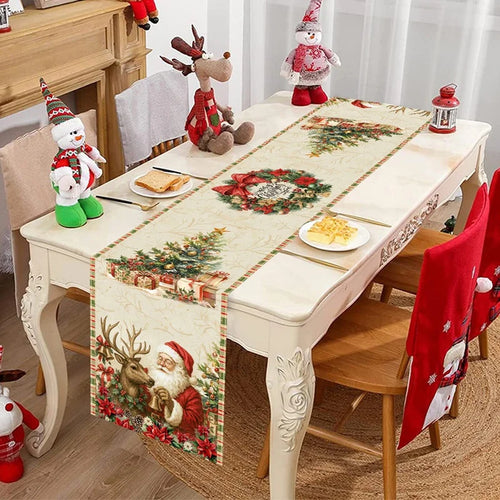 Vintage Christmas Table Runner Retro Santa Claus Table Cover Christmas