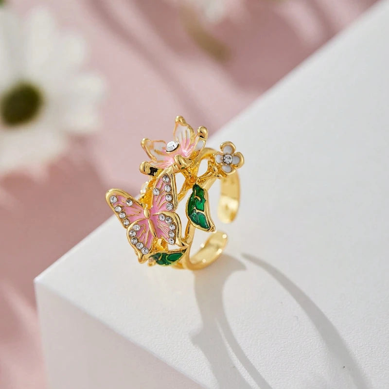 Aesthetic Flower Butterfly Rings for Female Romantic Rhinestone