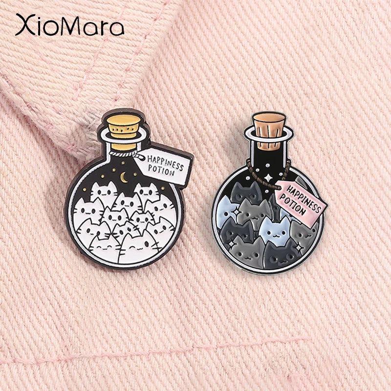 Cartoon Cat Happiness Potion Enamel Pin Cat Enthusiasts Metal Brooch