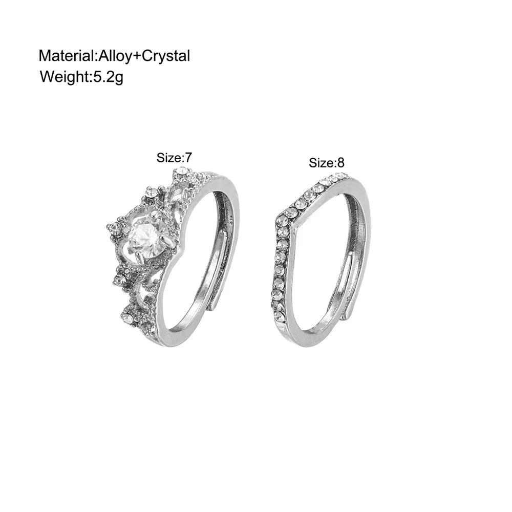 2PCS Fairy Sparkling Crown Rings for Women Teen Crystal Korean
