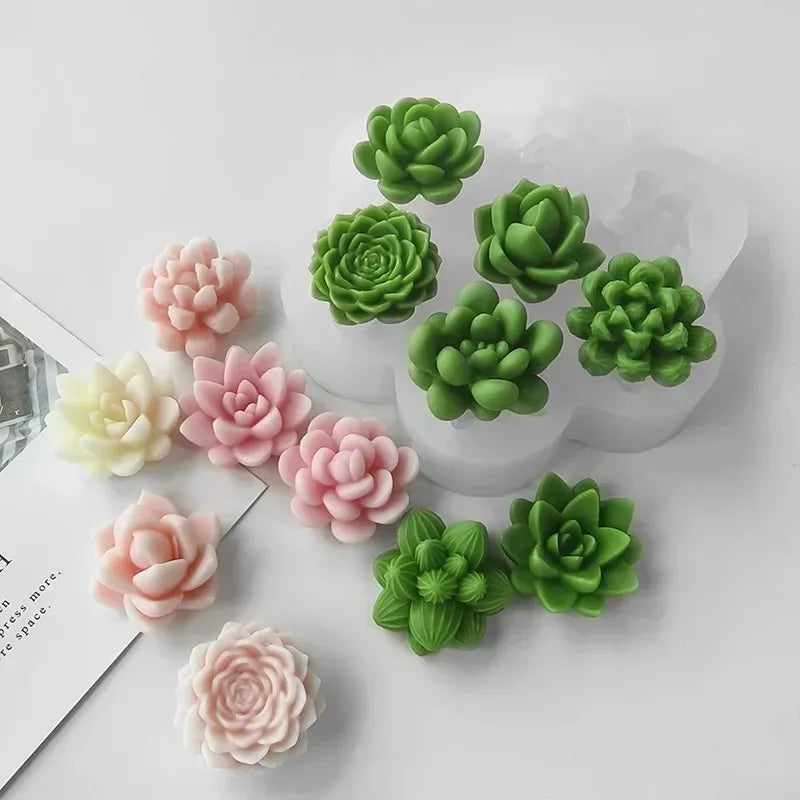 7pcs Succulent Flowers Candle Mold 3D Cactus Lotus Rose Soap Plaster