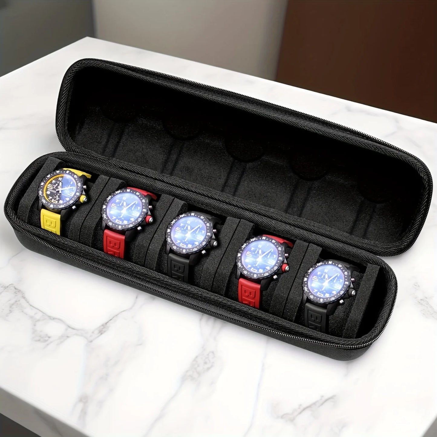 5-Grid Hard Shell Watch Organizer - Portable Travel Case with Pillow