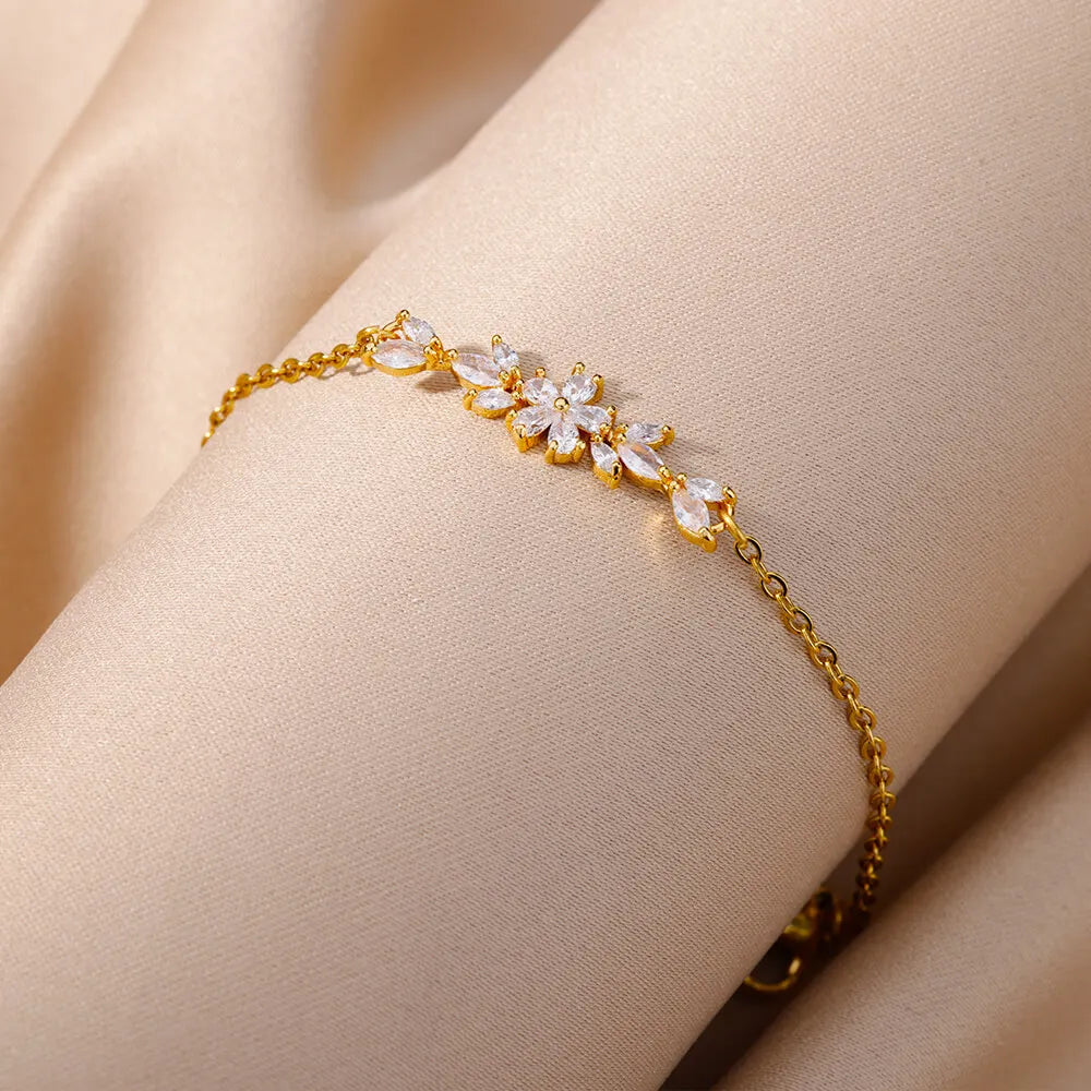 Elegant Zircon Flowers Bracelet For Women Girls Charm Gold Color