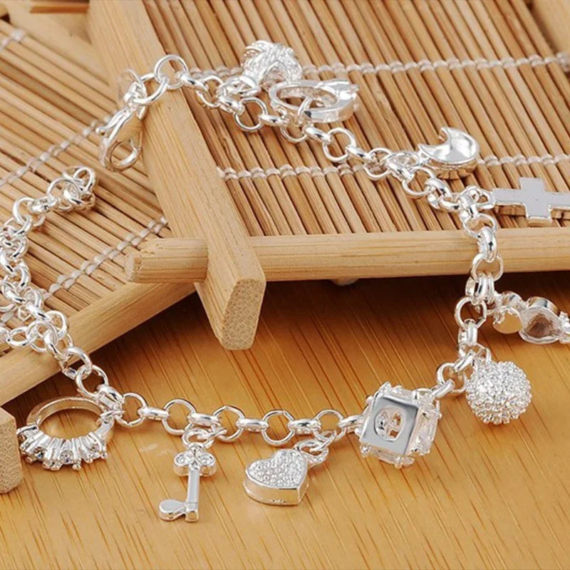 925 Sterling Silver Fashion 13pcs Pendant Chain Charm Bracelet for