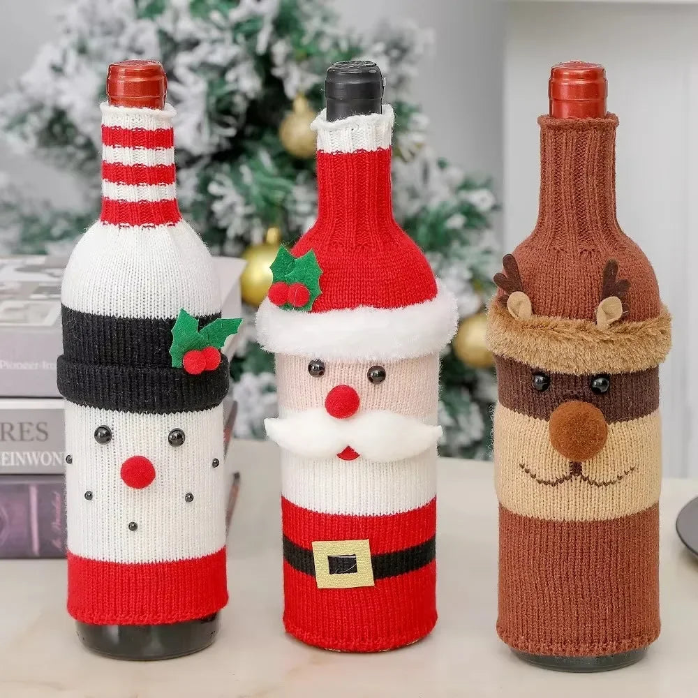 Christmas Wine Bottle Cover Set Santa Snowman Woven Wine Bottle Bags