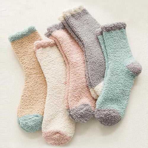 5 Pairs Women's Bed Socks Block Color Fluffy Warm Winter Christmas