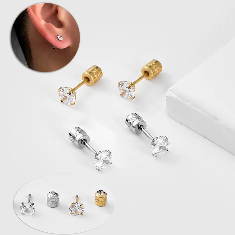 1Pair Stainless Steel Crystals Stud Earrings For Men Women Not Fade