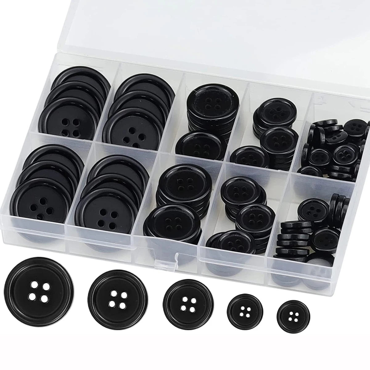100 Pcs Black Resin Sewing Buttons, Mixed 5 Sizes of Black Buttons