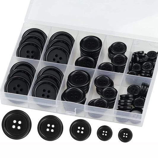 100 Pcs Black Resin Sewing Buttons, Mixed 5 Sizes of Black Buttons