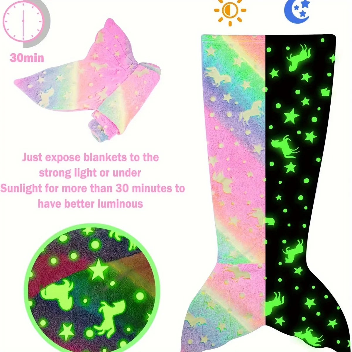 Cartoon Rainbow Unicorn Mermaid Tail Blanket Super Soft Glow in The