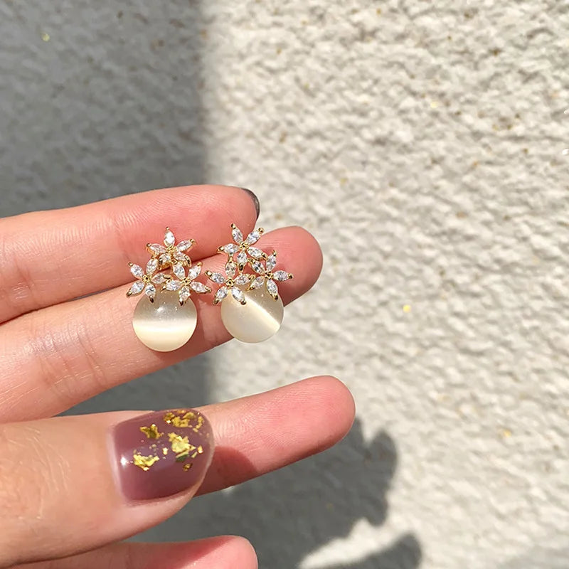 Flower Rhinestones Opal Stud Earrings for Women Small Exquisite Sweet