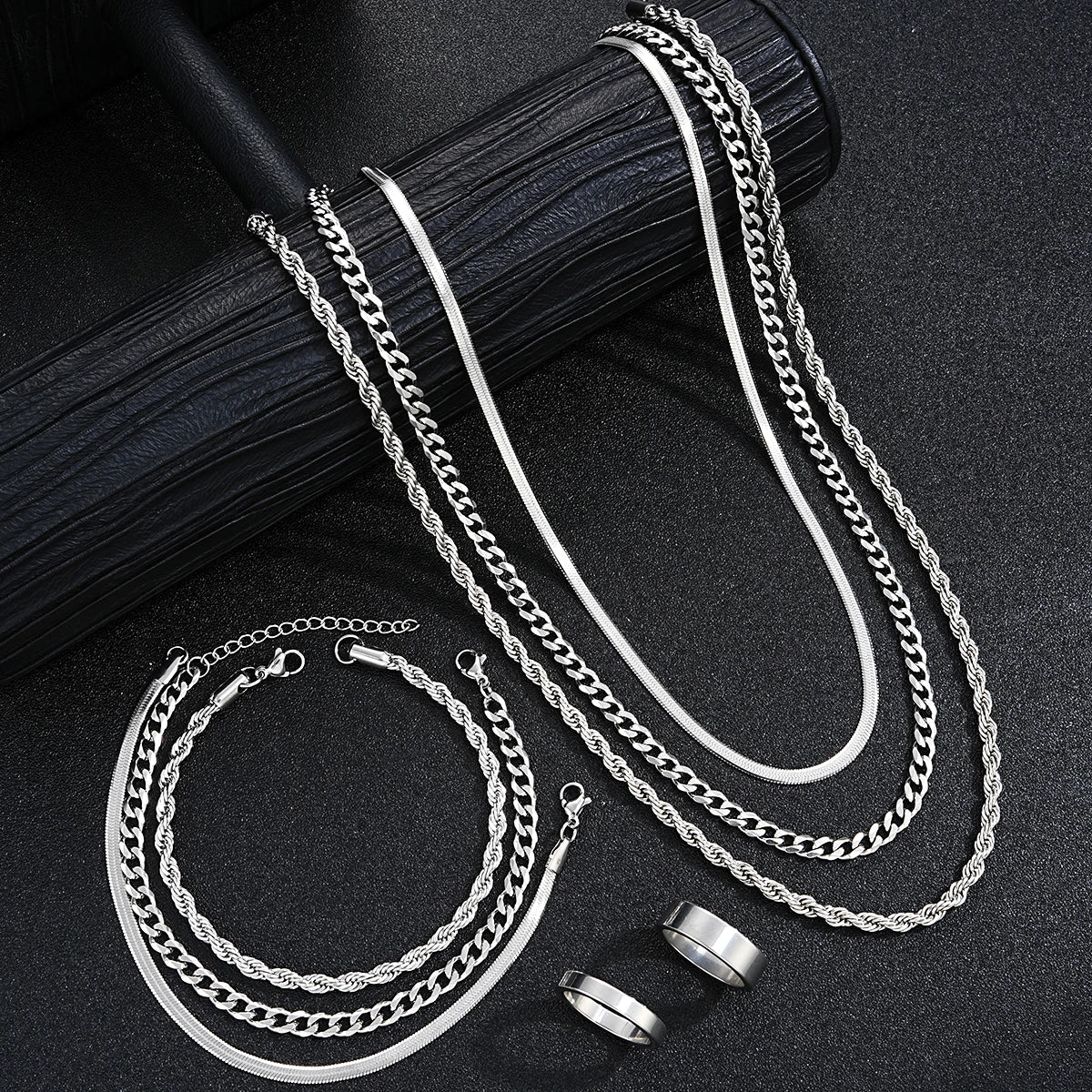 2024 New Simple Stainless Steel Silver Color Jewelry Sets for Men