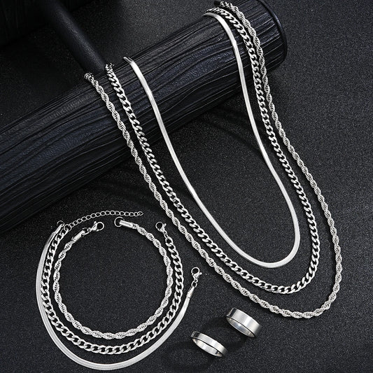 2024 New Simple Stainless Steel Silver Color Jewelry Sets for Men