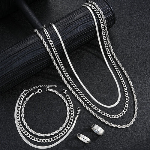 2024 New Simple Stainless Steel Silver Color Jewelry Sets for Men