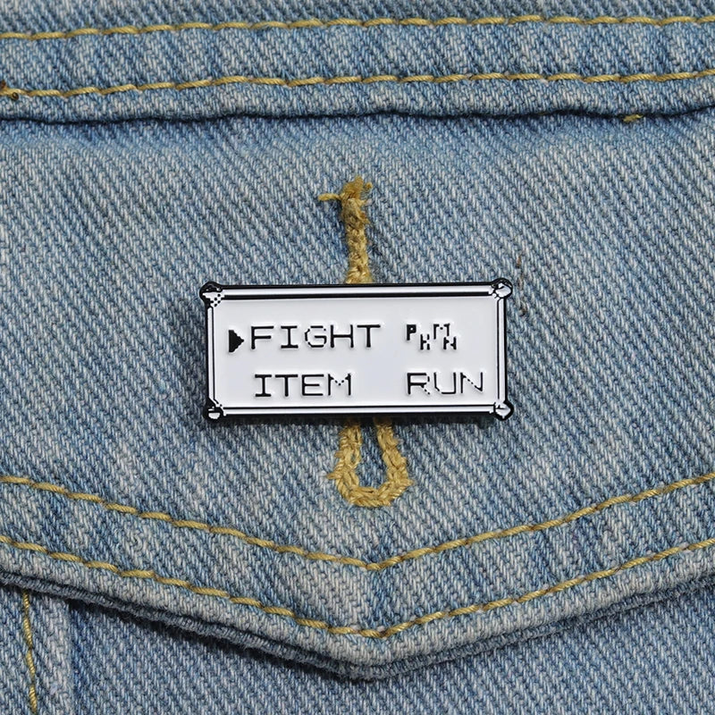 Rectangle Text Enamel Pins Custom FIGHT ITEM RUN