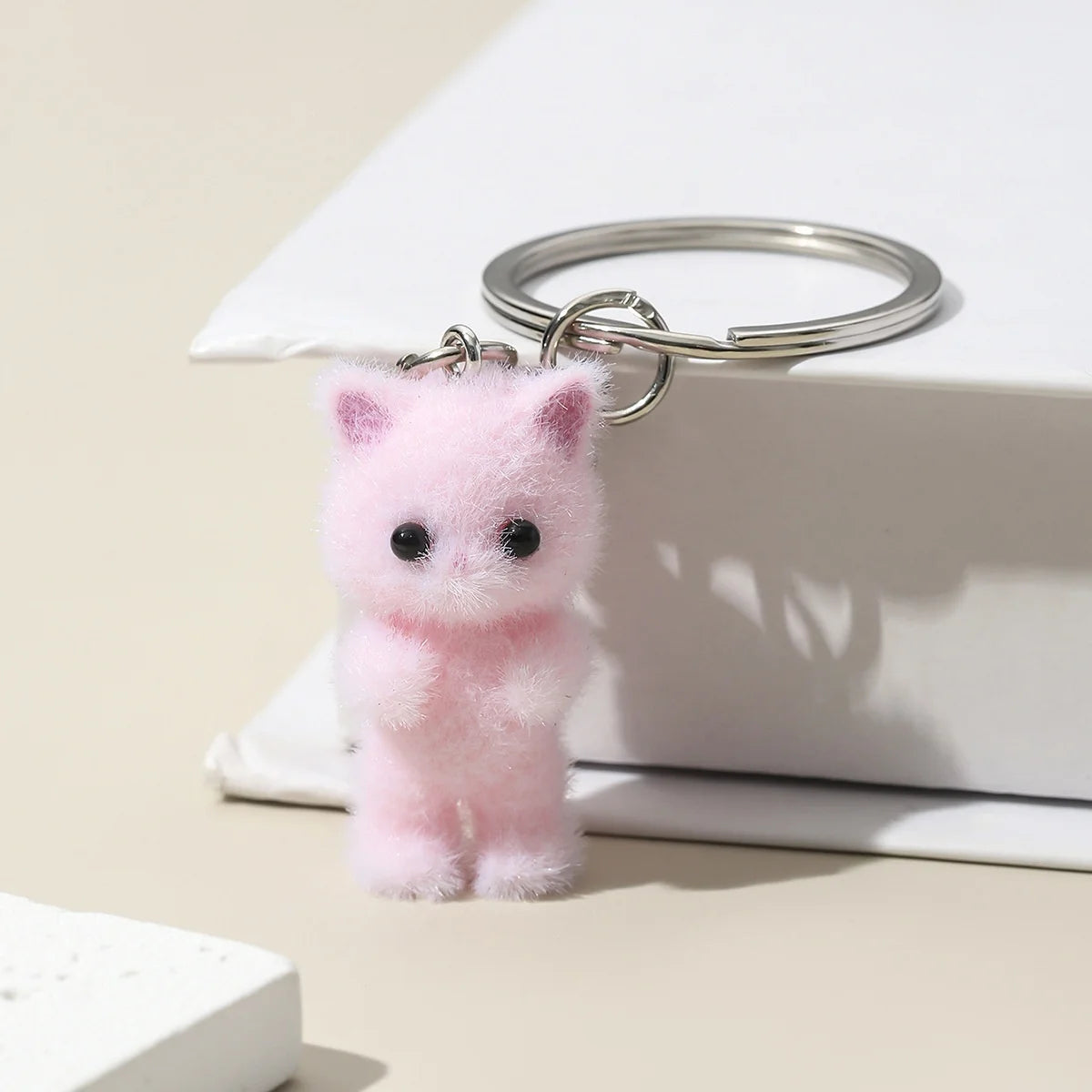 3D Cartoon Flocking Cat Keychain Kawaii Cat Key Ring Animal Key Chains
