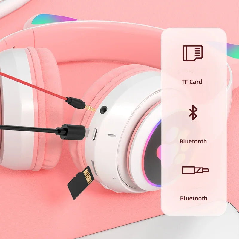 Flash Lamp Cute Cat Ears Headphone Bluetooth5.0 Stereo With Mic
