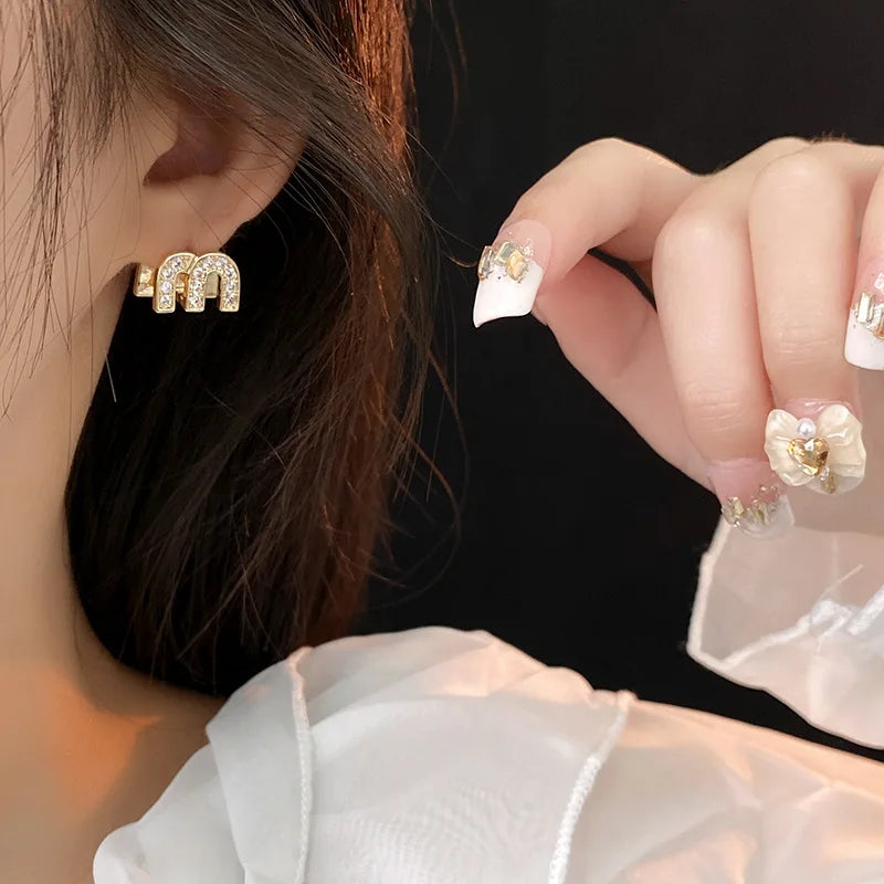 Letter M-shape Zircon Hoop Earrings for Women Oil Dripping