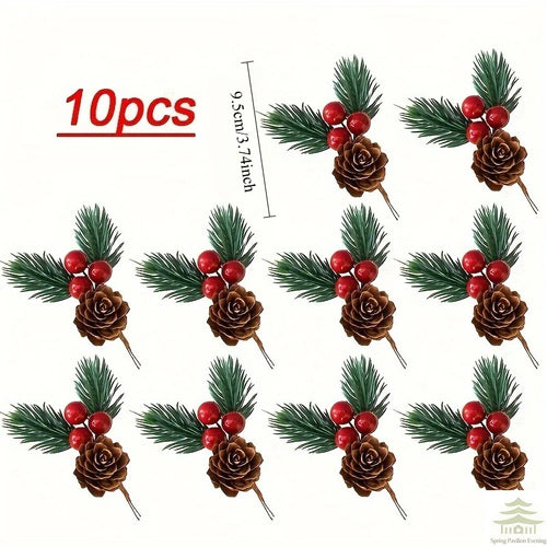 10pcs Set of Artificial Pine Cones and Red Berries - Perfect for