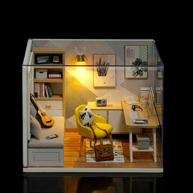 Wooden Miniature Doll House DIY Small House Kit Making Room Toys 3D