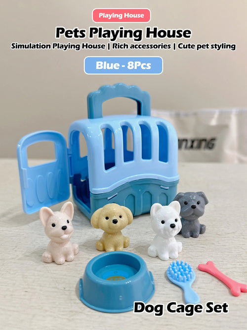 8pcs/set Cute Dog Pet Basket Family Toys Dog Doll Set Dog Cage Toys