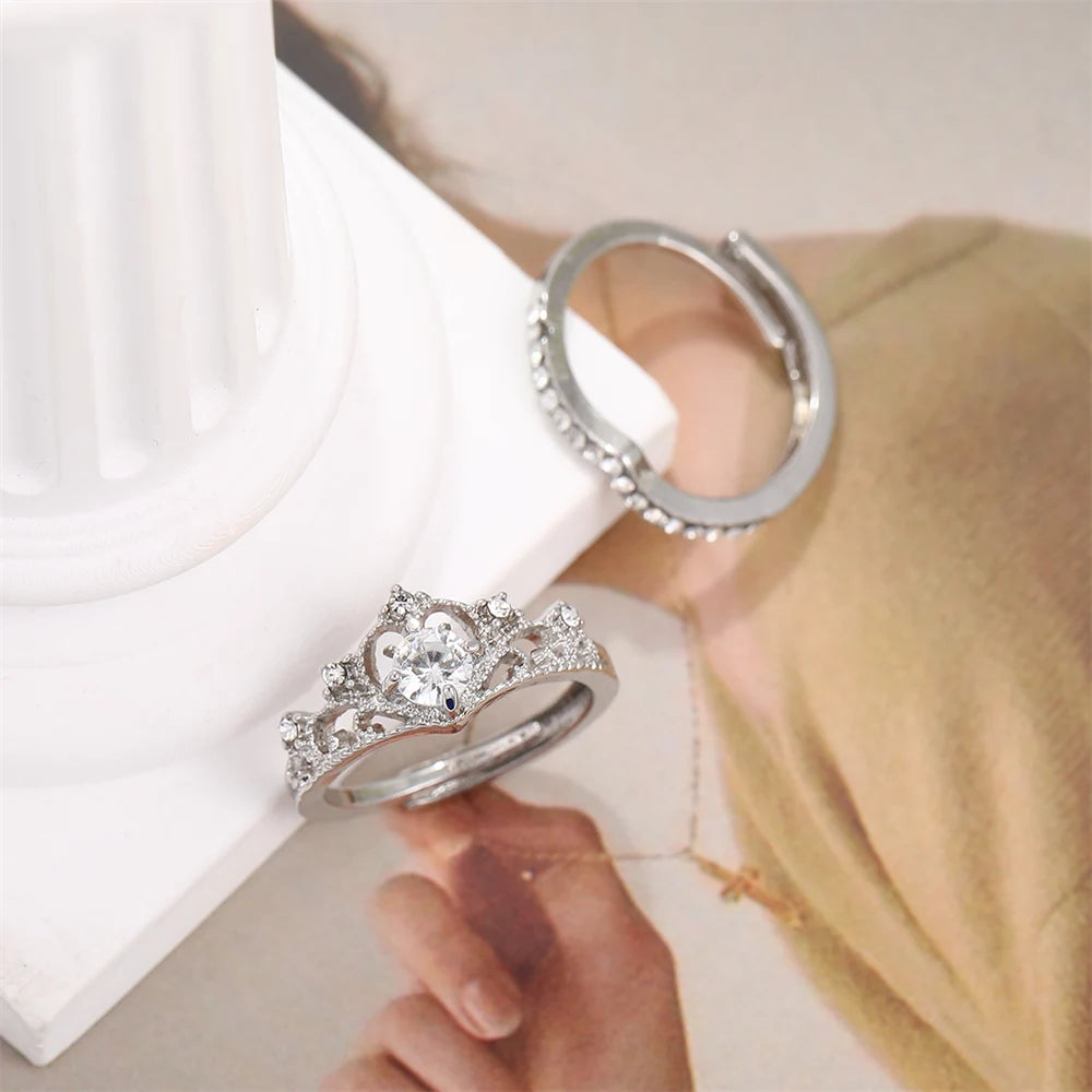 2PCS Fairy Sparkling Crown Rings for Women Teen Crystal Korean