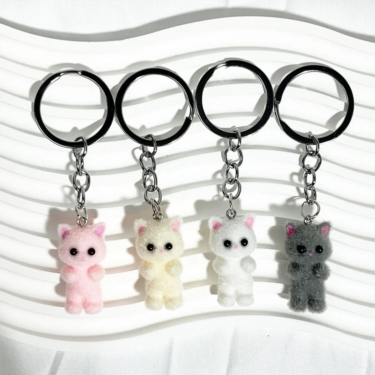 3D Cartoon Flocking Cat Keychain Kawaii Cat Key Ring Animal Key Chains