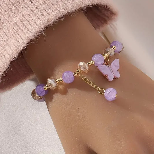 Purple Butterfly Charm Beaded Stretch Bracelet For Women Multi Color