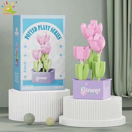 HUIQIBAO MOC Flower Succulent Potted Model Building Block DIY Eternal