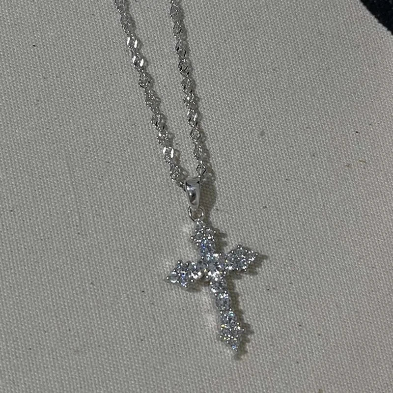 Shiny Crystal Zircon Cross Pendant Necklace for Women Girls Punk