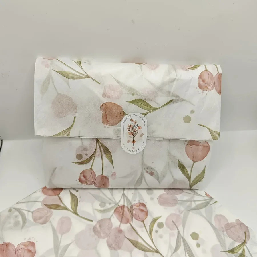 Elegant Tulip Patterned Tissue Paper Floral Design with Green Leaves