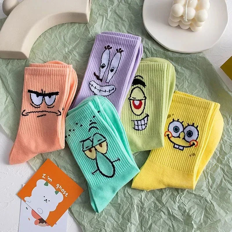 5 Pairs Kawaii SpongeBob Mid-Calf Socks Breathable Cotton Comfortable