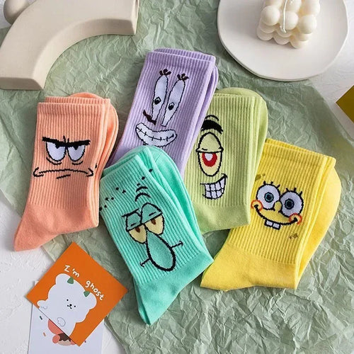 5 Pairs Kawaii SpongeBob Mid-Calf Socks Breathable Cotton Comfortable