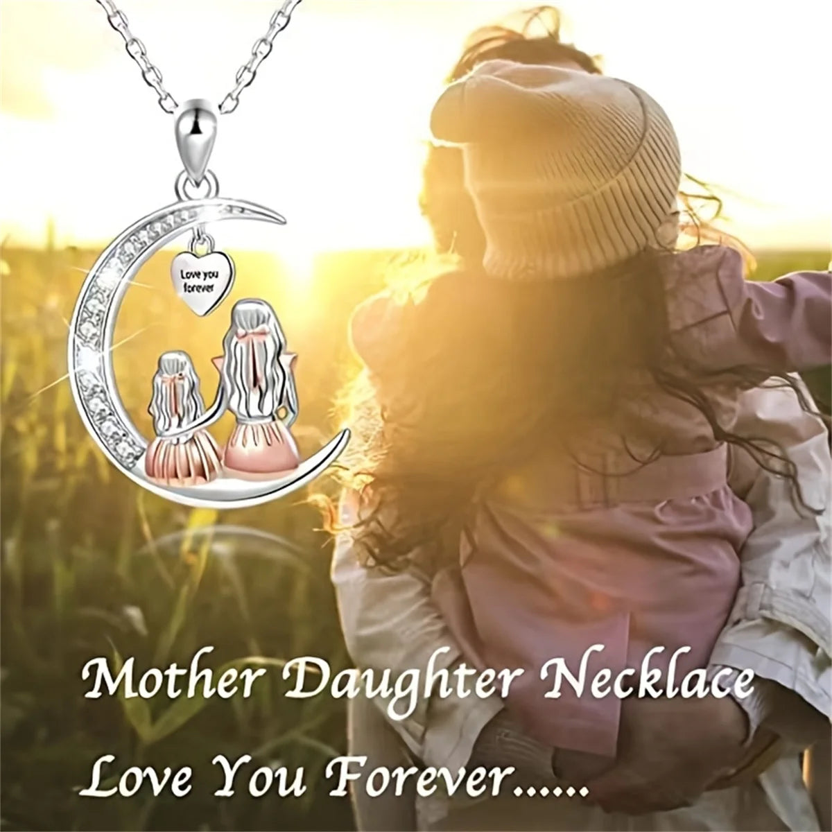 Fashion Mom Daughter Moon Pendant Necklace Love You Forever Heart