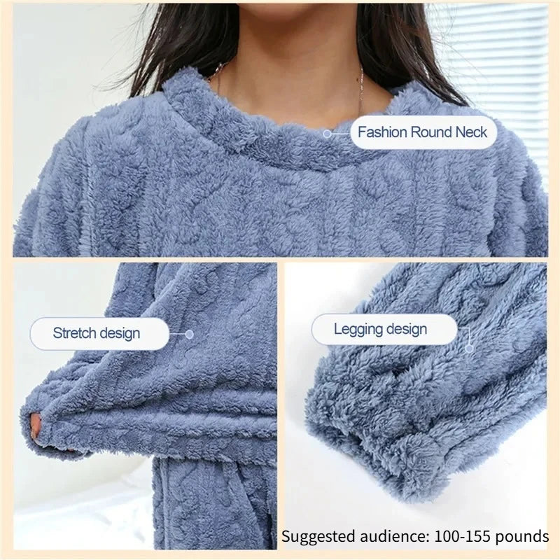 Soft Coral Velvet Jacquard Warm Pajama Set for Women Cozy Loungewear