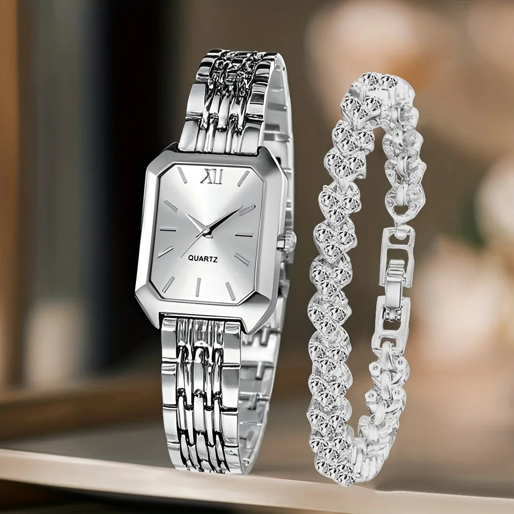2PCS Fashion Rectangle Women Quartz Watch Rhinestone Bracelet Set