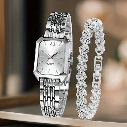 2PCS Fashion Rectangle Women Quartz Watch Rhinestone Bracelet Set
